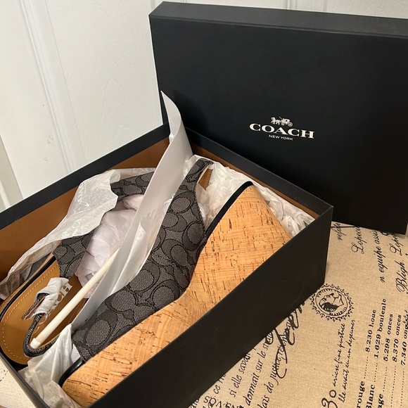 COACH Ferry Signature C Wedge Cork Heel. Jacquard Fabric.  Size 9.5 Black-Smoke - Picture 4 of 17